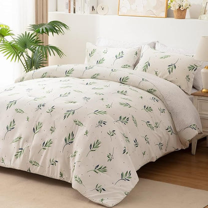 EMME King Comforter Set - Sage Green Floral Bedding Set 7 PCS with Nature Leaves Pattern, Soft Leaf Printed Botanical Bed Set with Sheets, Fluffy Bed Bag for All Season(102"X90")