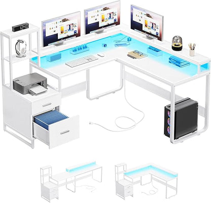 YITAHOME L Shaped Desk with Power Outlets & LED Lights, Reversible Computer Desk with Drawers & Hutch, Corner Desk Office Desk with Monitor Stand, Printer Stand, 2 Person Desk, White