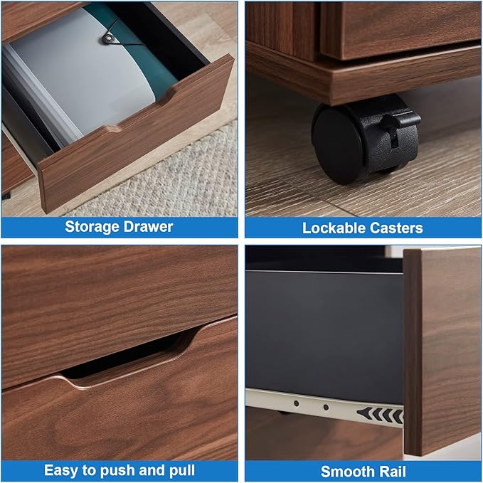 Farini 3-Drawer Vertical Filing Cabinet Rolling Wood Mobile File Cabinets Under Desk for Home Office with Casters (Brown Walnut, Fully Assembled)