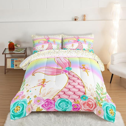 HOSIMA Mermaid Comforter with 2 Pillowcases,Girly Rainbow Bedding Set Glitter Pink Mermaid Tail Twin Comforter Set,Flower Fairies Rose Gold Comforter Set,Floral Comforter for Girls Teens Bedroom.