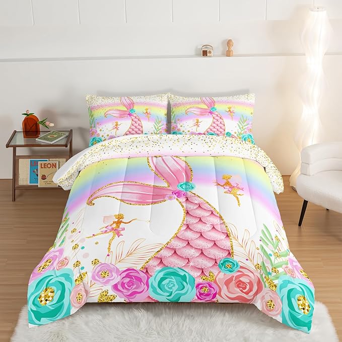 HOSIMA Mermaid Comforter with 2 Pillowcases,Girly Rainbow Bedding Set Glitter Pink Mermaid Tail Comforter Set,Flower Fairies Rose Gold Comforter Set,Floral King Size Comforter Set.