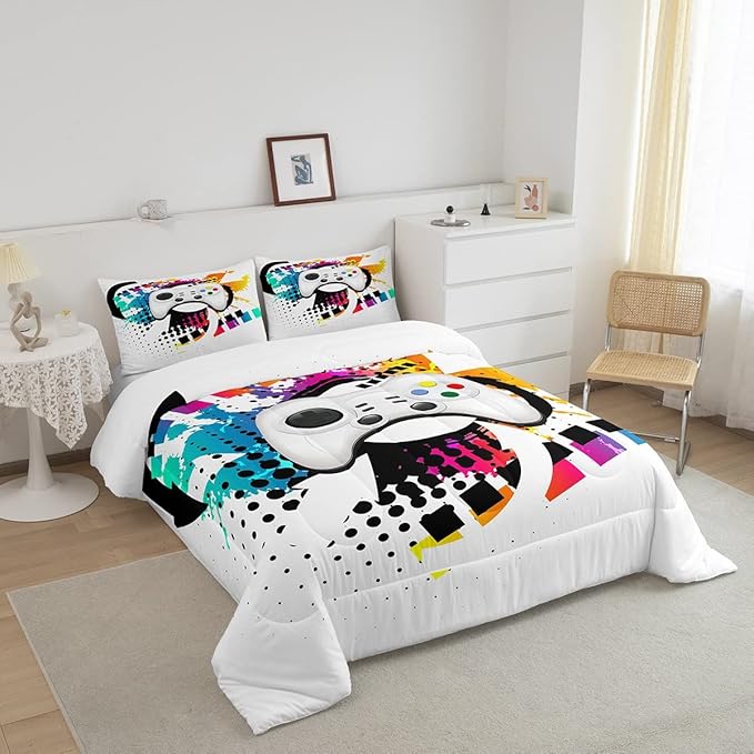 Kids Gaming Comforter Set Full Gamer Bedding Set, Modern Console Game Controller Duvet Set For Boys Girls Teens, White Gamepad Quilt Set, Tie Dye Colorful Comforter Set Grey White Soft Bedding Set