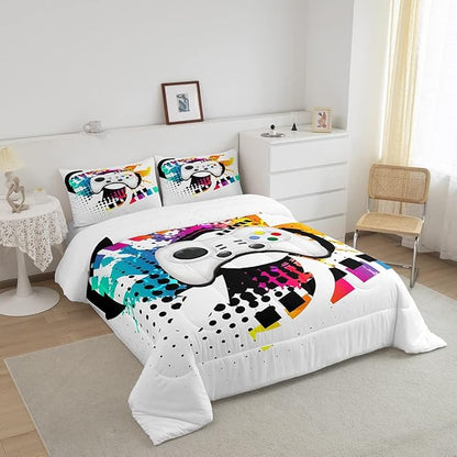 Kids Gaming Comforter Set Full Gamer Bedding Set, Modern Console Game Controller Duvet Set For Boys Girls Teens, White Gamepad Quilt Set, Tie Dye Colorful Comforter Set Grey White Soft Bedding Set