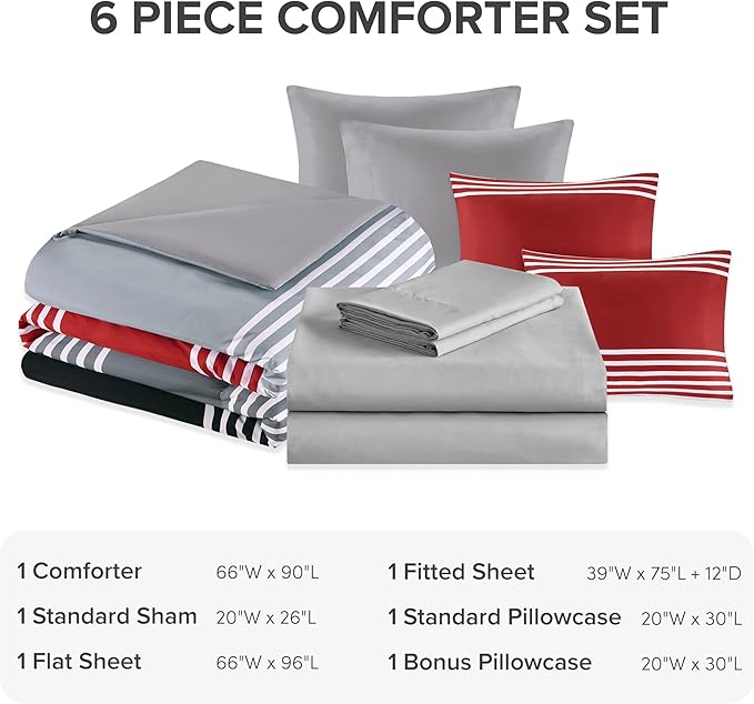 Comfort Spaces Twin Comforter Sets with Sheets - Bed in a Bag 6 Pieces Teen Bedding Sets Twin, Red and Grey Stripes Bedding Twin, College Twin Bed Set with 2 Side Pockets Bedroom Organizer