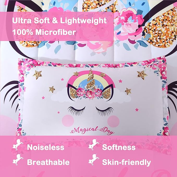 Unicorn Comforter Set 3pc Pink Flower Girl Unicorn Bedding Set for Teen Girls