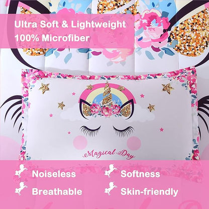 Unicorn Comforter Set 3pc Pink Flower Girl Unicorn Bedding Set for Teen Girls