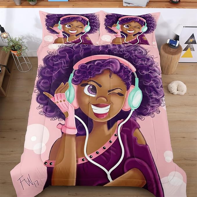 Twin Bedding Sets for Girls, Cute African American Black Girl Magic Comforter Set, Pink Bed Set for Toddler Kids Teenager, Gift for Little Girls Bedroom Decor, 1 Comforter with 2 Pillowcases