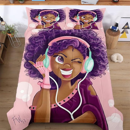 Twin Bedding Sets for Girls, Cute African American Black Girl Magic Comforter Set, Pink Bed Set for Toddler Kids Teenager, Gift for Little Girls Bedroom Decor, 1 Comforter with 2 Pillowcases