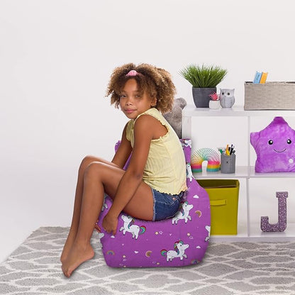 Posh Creations Structured Comfy Bean Bag Chair for Gaming, Reading, and Watching TV, Pasadena Chair, Canvas - Unicorn and Rainbows on Purple