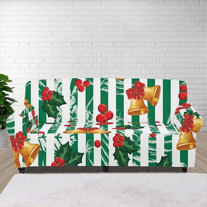 FKELYI Jingle Bell Print Christmas Sofa Cover Stretch Couch Covers Wear-Resistant Sofa Slipcovers Replacement Washable Furniture Protector with Elastic Bottom-L
