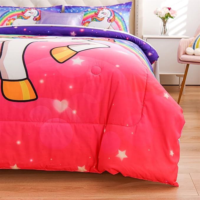 Aimuan Girls Unicorn Comforter Set 3 Pieces Pink Purple Bedding Set with Rainbow Star Galaxy Stars Fantasy Children Room Decor Soft Reversible Bed Sets for Boys/Girls/Teens (Pink-Purple Twin3Pcs)