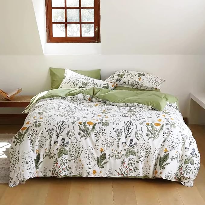 Botanical Comforter Set Full White and Sage Green Floral Plant Bedding Set Garden Pattern Printed on White Reversible Blanket 3 PCs 1 White Comforter 80"x90" and 2 Pillowcases