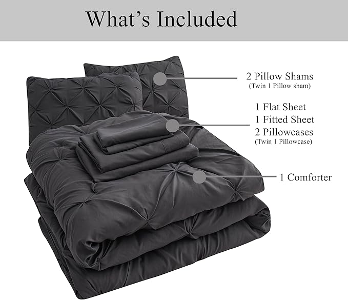 LANE LINEN California King Comforter Set, 7 Piece Cal King Bed in a Bag, Pintuck Cal King Bedding Set, Soft Cali King Bed Set, Cal King Bedding Comforter Sets with Sheets, Pillowcases & Shams - Grey