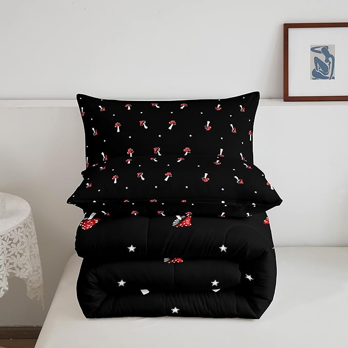Cute Mushroom Comforter Set Twin Kid Cartoon Kawaii Reversible Bedding Set Red Mushroom Duvet Set Mushroom Shaped Comforter Lovely Natural Wild Plants Fungus Comforter Set for Room Decor, Black