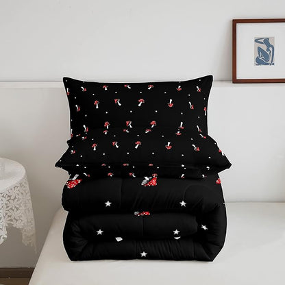 Cute Mushroom Comforter Set Full Size Kid Cartoon Bedding Set Red Mushroom Kawaii Reversible Duvet Set Types of Mushrooms Comforter Cute Wild Species Comforter Set for Bedroom Decor, Black
