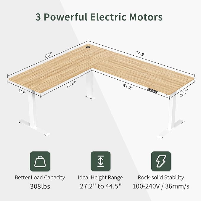 FEZIBO 75 Inches Triple Motor L Shaped Standing Desk Reversible, Electric Height Adjustable Corner Stand up Desk, Sit Stand Desk Computer Workstation, White Frame/Natural Top