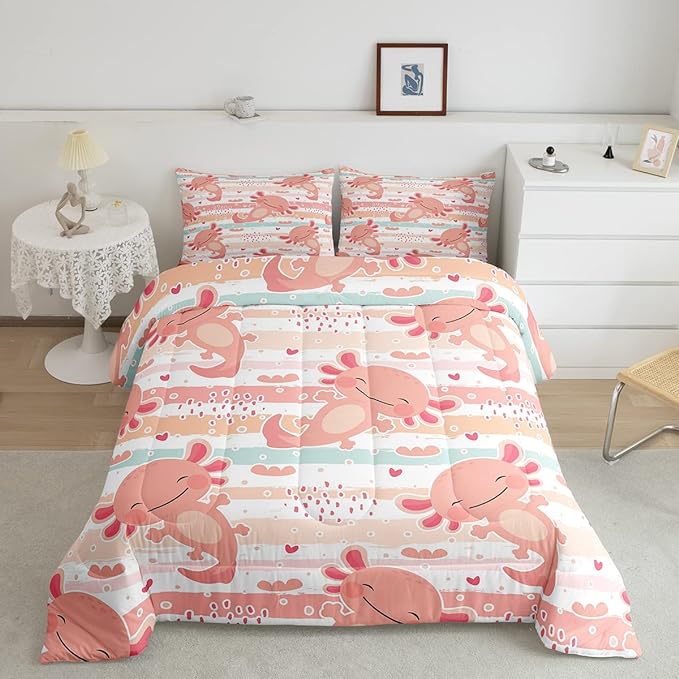 Manfei Cute Axolotl Comforter Set King Size,Rainbow Stripes Quilt Set,Animal Theme Bedding Comforters 3pcs for Kids Teens Girls Boys Room Decor,Pink Romantic Soft Duvet Set with 2 Pillowcases