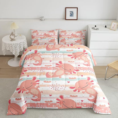 Cute Axolotl Comforter Set Queen Size Rainbow Stripes Quilt Set Animal Theme Bedding Comforters 3pcs for Kids Teens Room Decor,Pink Romantic Soft Duvet Set with 2 Pillowcases