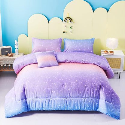 URBONUR Girls Comforter Set Full Size Gradient Purple Orange Moon Star Print Bedding Comforter with Sheets Set 6 Pcs Bed in A Bag (Comforter, Flat Sheet, Fitted Sheet, Pillowcases and Cushion Cover)