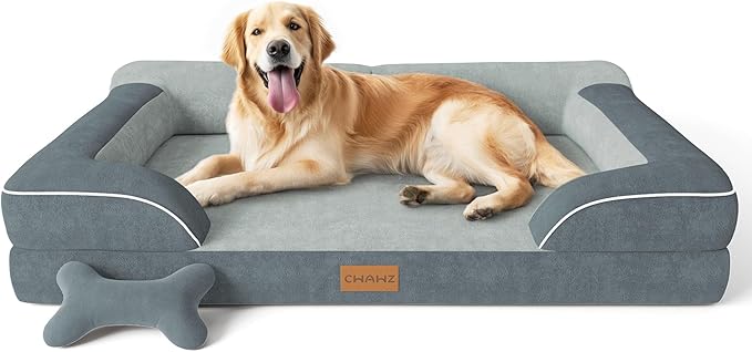 Extra Large Dog Bed, Orthopedic Dog Bed with Cooling Gel Memory Foam, Waterproof XL Dog Bed with Removable Washable Cover, 42" Dog Sofa Couch Dutch Velvet with Bone Toy, Dark Gray