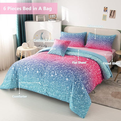 PERFEMET Girls Comforter Set Queen Size, 6 Piece Bed in A Bag, Colorful Rainbow Bedding Set with Comforter and Sheet, Gradient Pink Glitter Galaxy Bed Set for Teen Girls Kids Women, Blue Turquoise