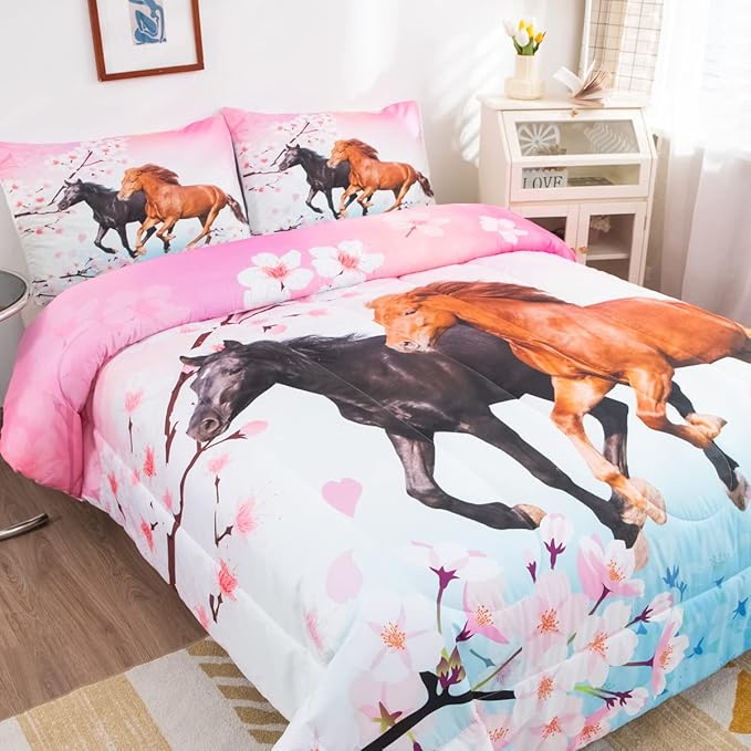 Feelyou Kids Horse Bedding Set for Girls Queen Size Chic Cherry Blossom Comforter Set for Horse Lover Gift Galloping Horse Printed Comforter 3D Wild Animal Duvet Set Bedroom Decor Quilt Set 3Pcs