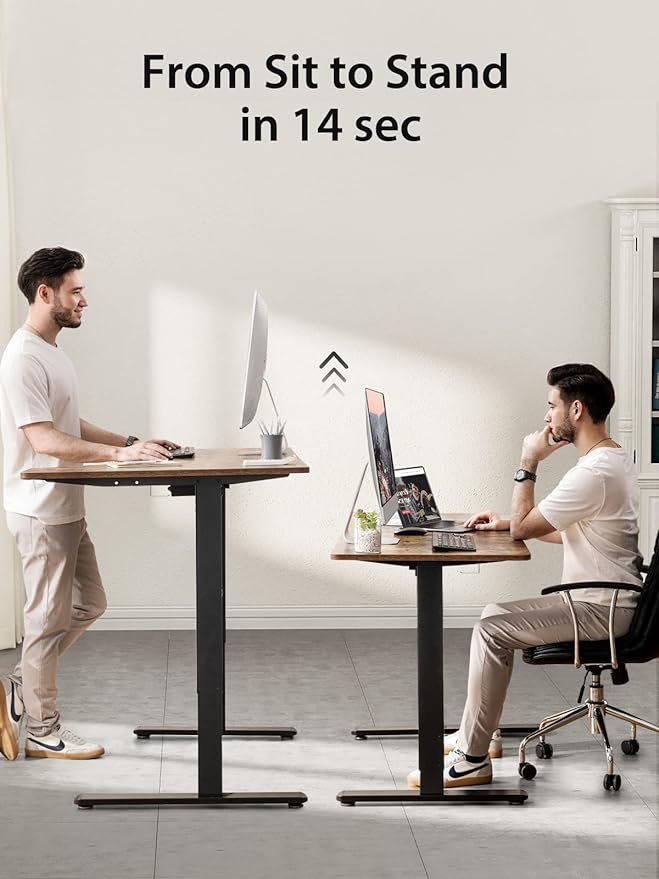 Electric Standing Desk, Height Adjustable Sit Stand up Desk, L-Shaped Memory Home Office Desk With Hook, 55 x 34 inch, Rustic