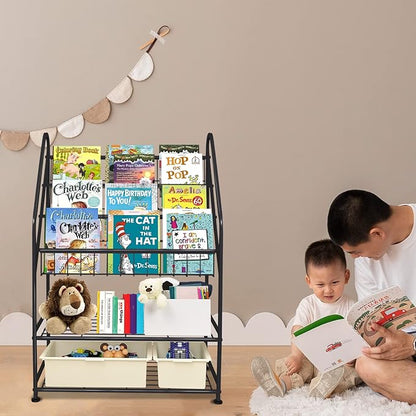 aboxoo Metal Kids Bookshelf Black Toy Chests & Organizers Large Freestanding for Children Toy Chests & OrganizersRoom 25 in Toy Organizer Large Stable Bookcase Bookstore Library Bed Living Room