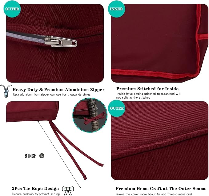 ClawsCover 3Pack Outdoor Seat Cushions Replacement Covers Fit for 4 Pieces Wicker Rattan Furniture Patio Conversation Set Loveseat Chair,38x19x2,19x19x2,Burgundy-Large (Include Cover Only)