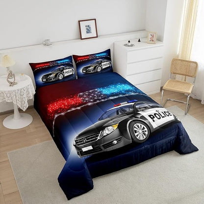 Erosebridal Police Car Comforter Sets Full Size,Policeman Vehicle Bedding Set for Kids Boys Children,Red Blue Cop Lights Down Comforter Geometric Graphics Duvet Sets Bedroom Decor with 2 Pillow Cases