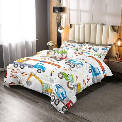 Feelyou Boys Excavator Bedding Set Construction Vehicles Comforter Set for Kids Girls Watercolor Tractor Crane Truck Comforter Colorful Design Quilt Set Room 2Pcs Twin Size
