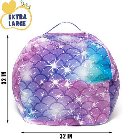 Stuffed Animal Storage Bean Bag Chair Cover, Hold Kids Plush Toys Blankets Towels Beanbag (Cover Only), Canvas Floor Circle Stuff Sit Seat Sofa with YKK Zipper, Large 32", Classic Mermaid