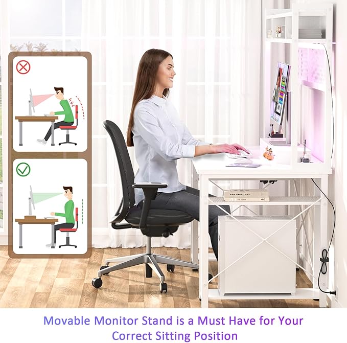 armocity 2024 Upgrade Gaming Desk with Hutch, 48'' Magic Computer Desk with LED Lights and Outlets, Reversible Workstation Desk with Pegboard and Monitor Stand, 48 Gamer Desk PC Table, White