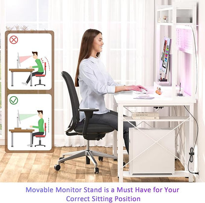 armocity 2024 Upgrade Gaming Desk with Hutch, 48'' Magic Computer Desk with LED Lights and Outlets, Reversible Workstation Desk with Pegboard and Monitor Stand, 48 Gamer Desk PC Table, White