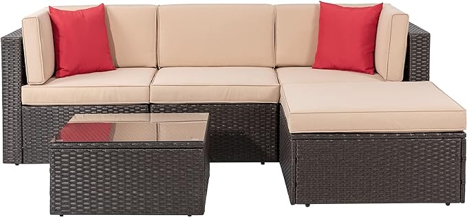Shintenchi 5 Pieces Patio Furniture Sets Outdoor All-Weather Sectional Patio Sofa Set PE Rattan Manual Weaving Wicker Patio Conversation Set with Glass Table&Ottoman Cushion and Red Pillows