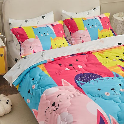 Wajade Kids Cute Cats Comforter Set Bed in A Bag Twin Size 7 Piece Colorful Cartoon Pet Cats Bedding Set for Boys Girls (1 Comforter, 1 Flat Sheet, 1 Fitted Sheet, 2 Pillowcase and 2 Pillow Sham)