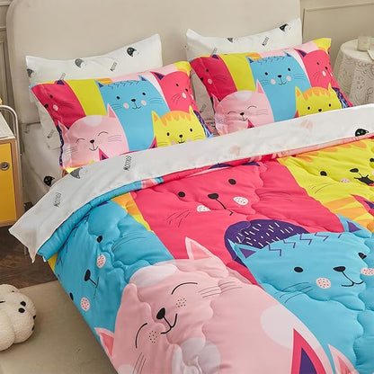 Wajade Kids Cute Cats Comforter Set Bed in A Bag Full Size 7 Piece Colorful Cartoon Pet Cats Bedding Set for Boys Girls (1 Comforter, 1 Flat Sheet, 1 Fitted Sheet, 2 Pillowcase and 2 Pillow Sham)