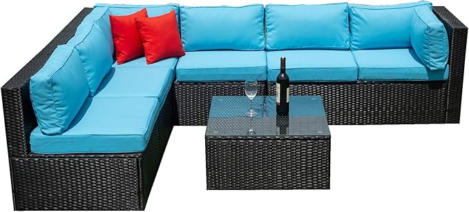 5 Pieces Outdoor Furniture PE Rattan Patio Sectional U Shaped Conversation Sofa Set with Table and 2 Pillows for Garden, Yark, Lawn, Backyard, Onesize, Black Wicker+Blue Cushion
