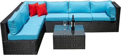 5 Pieces Outdoor Furniture PE Rattan Patio Sectional U Shaped Conversation Sofa Set with Table and 2 Pillows for Garden, Yark, Lawn, Backyard, Onesize, Black Wicker+Blue Cushion