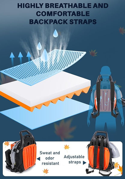HTK 63CC Gas Backpack Leaf Blower - 2-Stroke Engine, High-Velocity 665CFM, Ergonomic & Low-Vibration, Cruise Control, Ideal for Year-Round Yard Maintenance (63CC Backpack Blower)