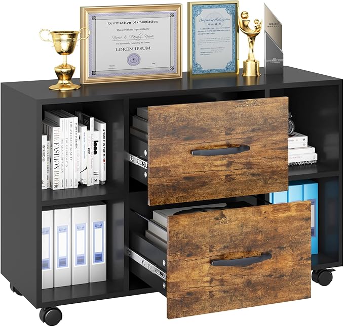 sogesfurniture Mobile Lateral Filing Cabinet with 2 Drawers,Lateral Office Cabinet Printer Stand, Multifunctional Storage Cabinet with Open Shelves and Castors for Home & Office (Brown)