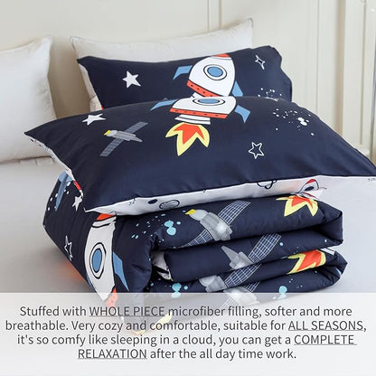 RYNGHIPY Kids Comforter Set Twin Size, Cute Space Rocket Bedding Set for Boys Girls, Space Themed Teen Boy Bedding (Space Rocket,Twin)