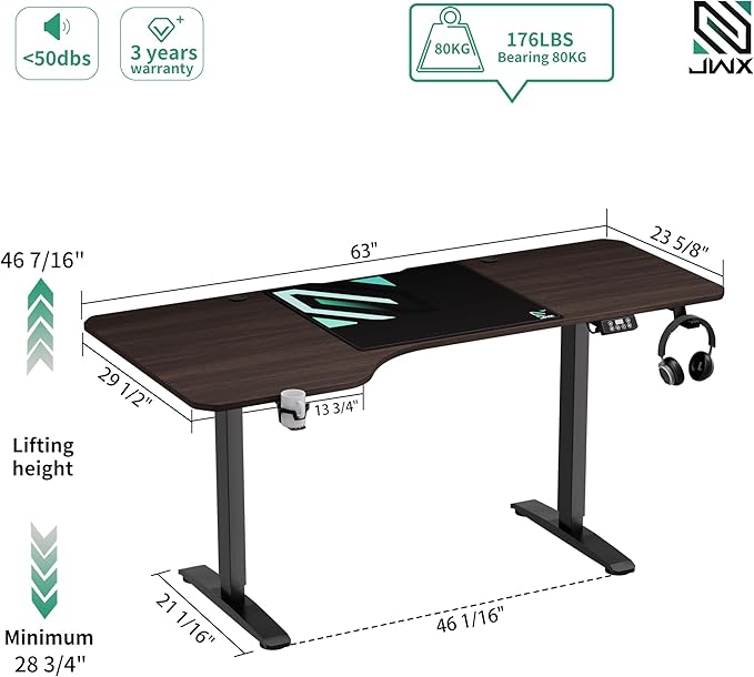 Standing Desk, L Shaped Adjustable Standing Desk, 63'' Corner Height Adjustable desk with Cup Holder, Headphone Hook, Cable Manager, and Mouse pad, Brown Panel