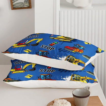 Axolotl Blue Excavator Bedding Full,3Pcs Boys Construction Comforter Set,Cartoon Machinery Truck Bedding Set for Boys Kids Children Teens Bedroom Decor Cars Quilt Set with 1 Comforter 2 Pillowcase