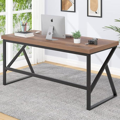 HSH Large Computer Desk, Industrial Modern Home Office Desk, Wooden and Metal PC Desk for Work Writing Study Gaming Bedroom, Farmhouse Vintage Computer Table Executive Workstation, Rustic Oak 60 Inch