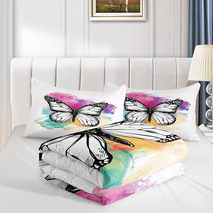 CVHOUSE Butterfly Bedding Set,Butterfly Comforter King,Butterfly Comforter Set for Girls Kids Teens,Butterflies Quilt Set with 1 Comforter and 2 Pillow Cases- 3 Piece
