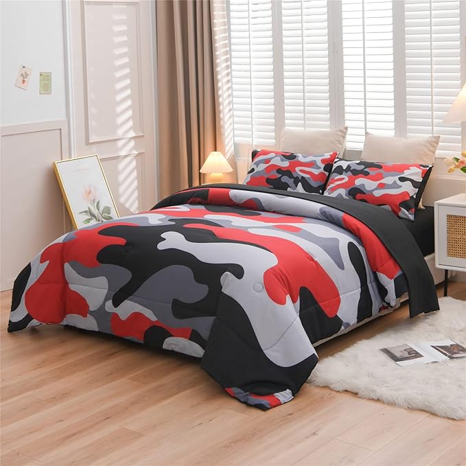 Meeting Story Camouflage Bedding Set, Colorful Pattern Style Comforter Set, 5 PCS One Comforter Two Pillowcases Two Sheets in One Bag, All Season Bedspread for Kids Teens Adults (Black, Twin 5Pcs)