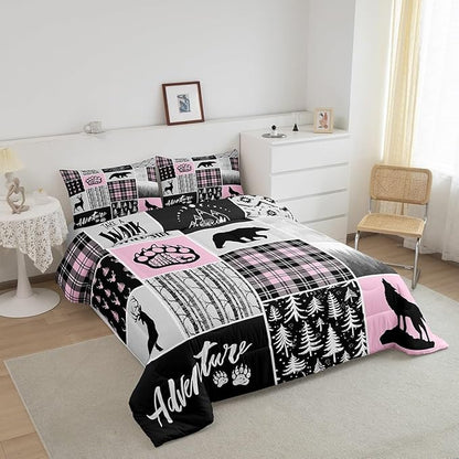 Rustic Farmhouse Comforter Set King Size,Deer Bear Wolf Hunting Animals Bedding Set for Kids Boys Girls Adults Room Decor,Pine Trees Patchwork Down Comforter,Pink Xmas Duvet Insert,2 Pillowcases