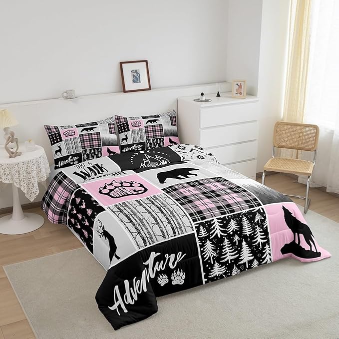 Rustic Farmhouse Comforter Set Full Size,Deer Bear Wolf Hunting Animals Bedding Set for Kids Boys Girls Adults Room Decor,Pine Trees Patchwork Down Comforter,Pink Xmas Duvet Insert,2 Pillowcases