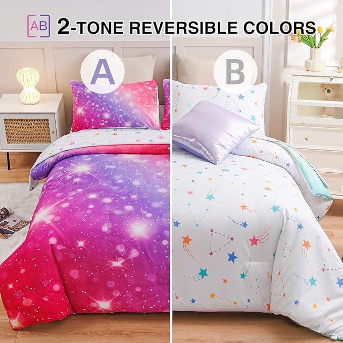 A Nice Night 6Pcs Gradient Glitter Bedding Set for Girls, Colorful Rainbow Galaxy Comforter Set, Ultra Soft Bedding Sets (Pink-Purple,Twin 6Pcs)